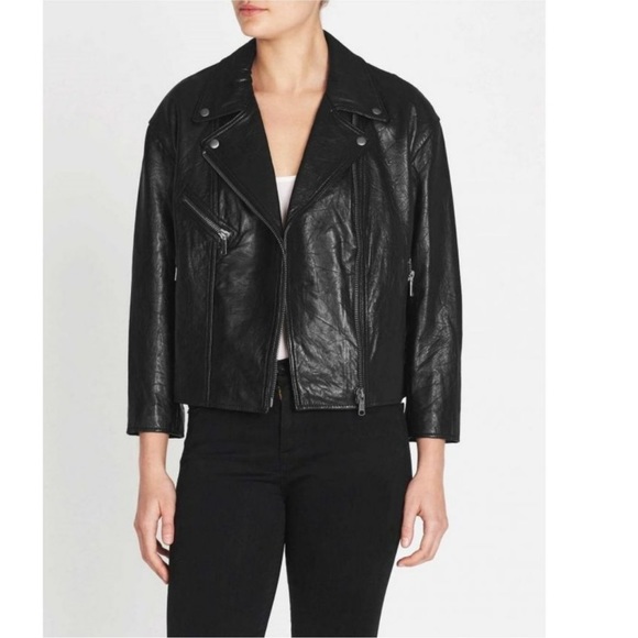 Joie Kameke “Viva La Femme” Lambskin Leather Full Zip Moto Jacket in Black - Picture 2 of 14